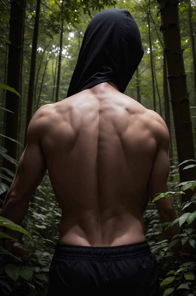 Secret Dark white man on his back in the dark forest, a bright backlight