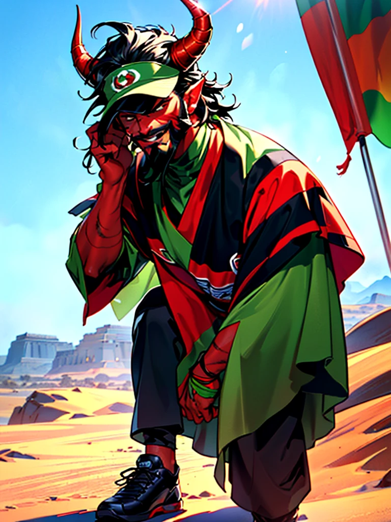 Masterpiece, full body, 1male, solo, a mature male tiefling with (((red skin))), (((mexican flag poncho))), black sunglasses, (((short red horns, masculine face, full beard, short black hair, hyper detailed clothes, hyper detailed face and hair, smirk))), wind, dinamic pose, desert background, yellow filter, cinematic lighting