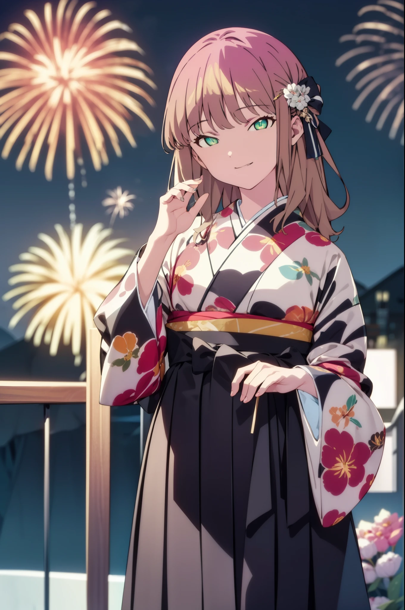 Yume Minami,sss dynazenon ,Brown Hair,Green Eyes,hair tied back,Flower hair ornament,Aka kimono,Thick sleeves,Sandals,So that the whole body goes into the illustration,smile,Fireworks in the night sky,Fireworks,The place is a fireworks display、Time is night,break outdoors, Festival,break looking at viewer, Upper Body,(Cowboy Shot:1. 5) , break (masterpiece:1.2), Highest quality, High resolution, unity 8k wallpaper, (shape:0.8), (Beautiful and beautiful eyes:1.6), Highly detailed face, Perfect lighting, Extremely detailed CG, (Perfect hands, Perfect Anatomy),