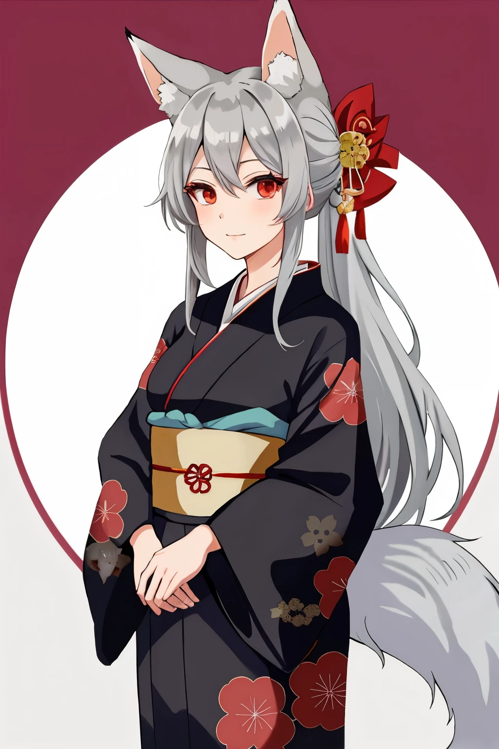 anime girl with long grey hair, 1 red eye and 1 grey eye, dressed in a kimono with a fox tail and fox ears