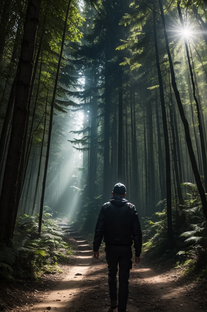 Secret Dark white man on his back in the dark forest, a bright backlight, raining money