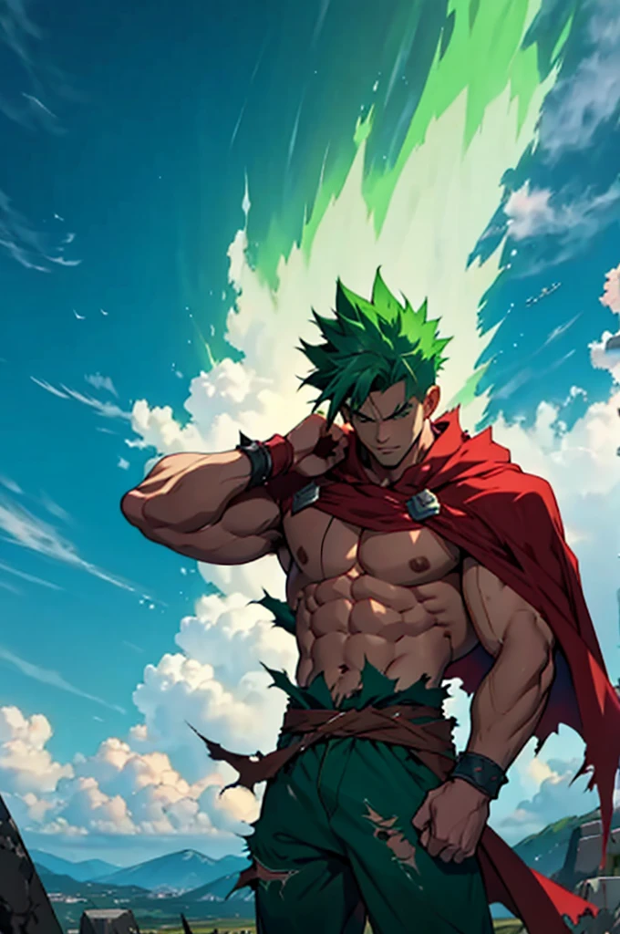 green spiky hair, torn clothes, in sky, clouds, 4k,absurdres, muscular, heroic pose, red cape, torn cape flowing in wind, green aura, 