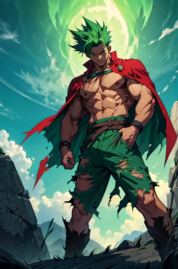 green spiky hair, torn clothes, in sky, clouds, 4k,absurdres, muscular, heroic pose, red cape, torn cape flowing in wind, green aura, 