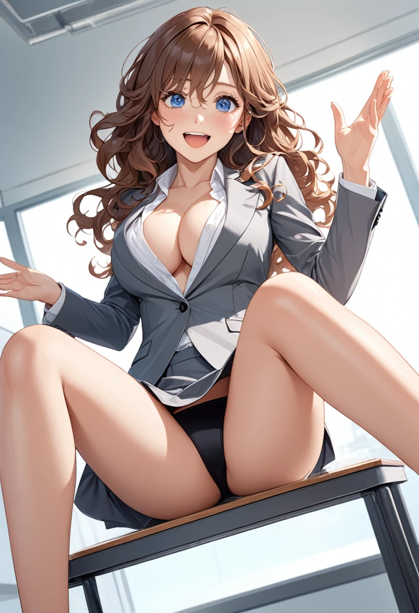 detailed illustration (side view),dynamic angle, ultra-detailed, illustration, close-up, 1girl, brown wavy hair, medium breasts, highly detailed eyes, blue eyes, bright eyes, long hair, sitting on desk, in an office, legs spread, black panties, business suit, grey suit coat, grey skirt, cleavage, white blouse, smile, overjoyed, fingers together, open mouth, delighted, wet thighs