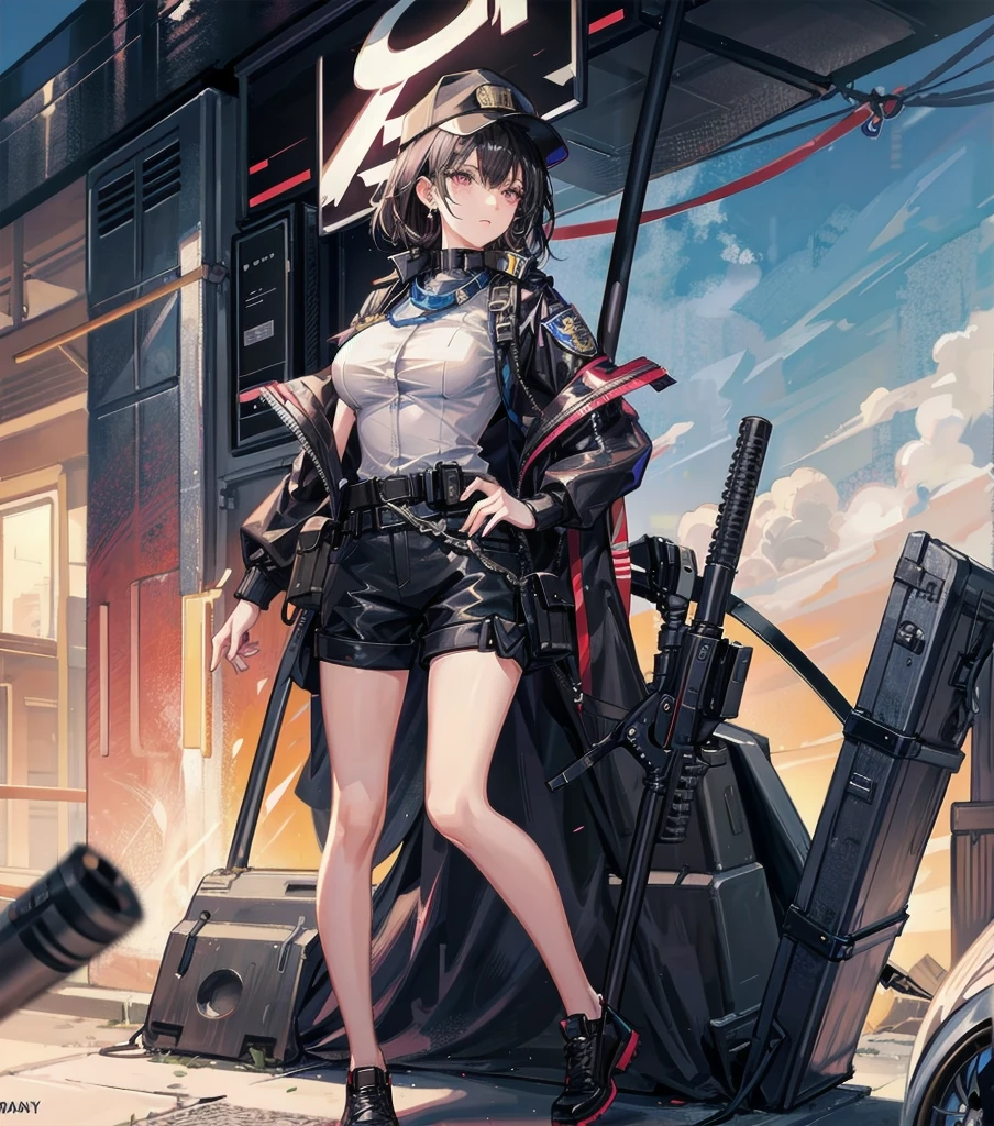 full body, medium tits, medium hair, black hair, tearful mole, earring, Sexy female police officer, uniform, Tactical belt with equipment, Glossy Badges,