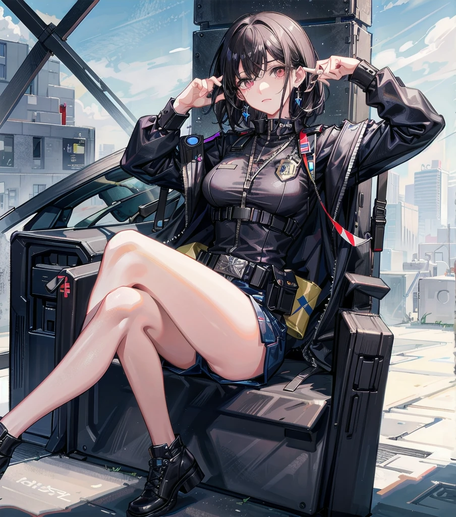 full body, medium , medium hair, black hair, tearful mole, earring, Sexymale police officer, uniform, Tactical belt with equipment, Glossy Badges,