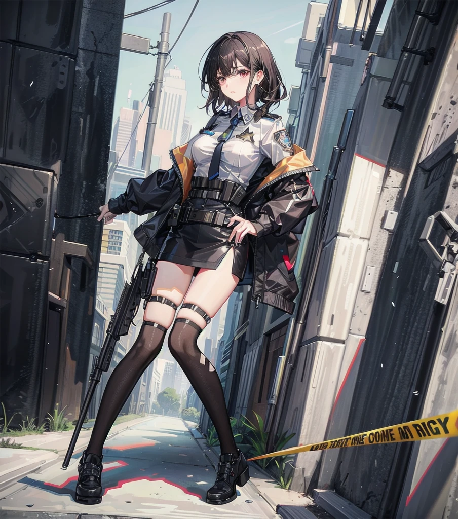 full body, medium tits, medium hair, black hair, tearful mole, earring, Sexy female police officer, uniform, Tactical belt with equipment, Glossy Badges,