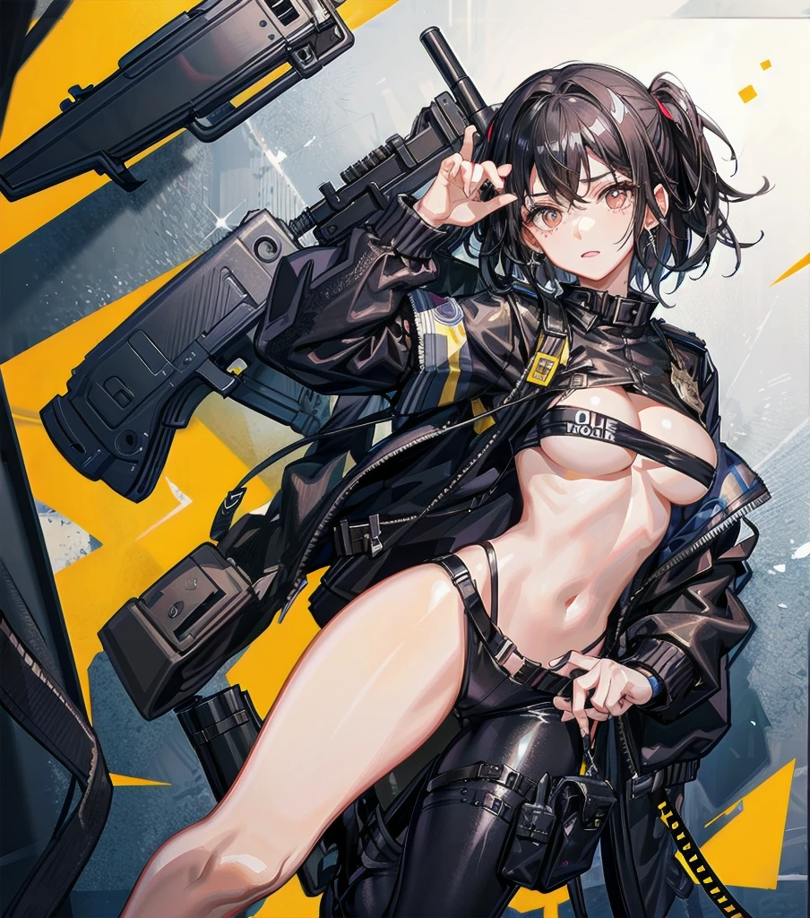 full body, medium tits, medium hair, black hair, tearful mole, earring, Sexy female police officer, uniform, Tactical belt with equipment, Glossy Badges,