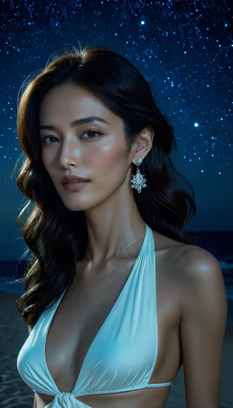 8K, masterpiece, RAW Photos, Highest quality, Realistic, Very detailed, Depth of written boundary, Cinematic Light, Anatomically correct body,
An elegant and beautiful mature woman,
Wavy black long hair, Very beautiful face, Exquisitely detailed face, Goddess-like deity々Beautiful, Glamorous Body, Very sensitive skin, Transparent white skin, Beautiful and bountiful breasts, Sexy ass, Sexy thighs,
White bikini swimsuit, Detailed cloth texture, Gorgeous necklace, Gorgeous earrings,
Starry sky background, Dark sandy beach at night, Pitch black sea surface,
Beautiful back view,