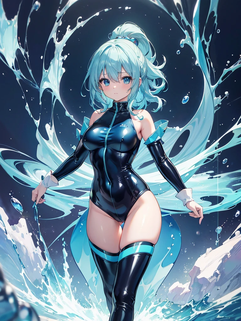 Gorgeous image quality, 8 k, high quality, masterpiece:1.2), ((masterpiece)), (high detail, high quality, Best Image Quality), solo, 1 girl, Konosuba ,aqua, blue hair, Blue eyes,art style by sciamano240, tight suit, latex suit, translucent clothing, bare hands, bare legs, I'm standing, huge breasts, middle thighs, room,sex from behind