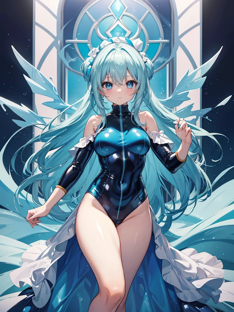 Gorgeous image quality, 8 k, high quality, masterpiece:1.2), ((masterpiece)), (high detail, high quality, Best Image Quality), solo, 1 girl, Konosuba ,aqua, blue hair, Blue eyes,art style by sciamano240, tight suit, latex suit, translucent clothing, bare hands, bare legs, I'm standing, huge breasts, middle thighs, room,sex from behind