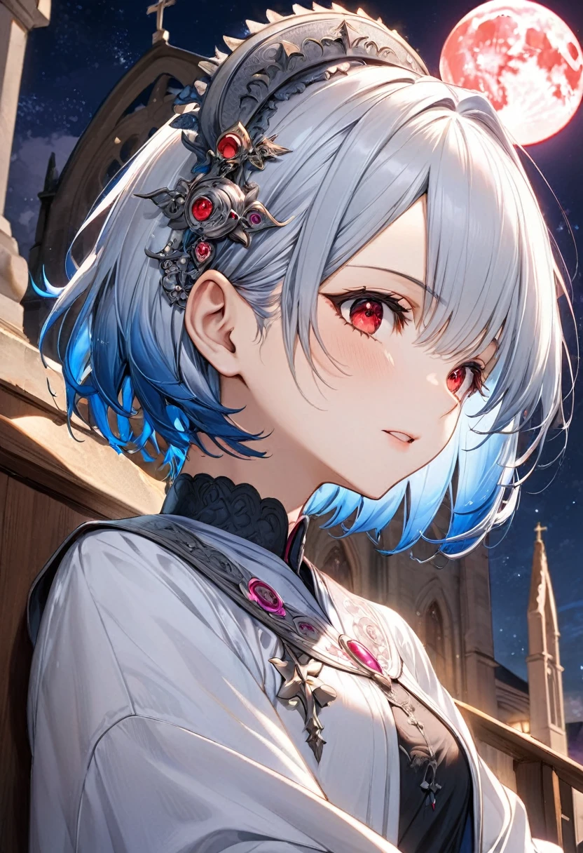 (profile:2 close-up face), (( yo)), (solo:2 crew cut silver hair very short hair divine cool boy, detailed red eyes, Confusion face, flat chest) and (a forehead blue hair girl), break, (he soft hag to her head), (in the Chapel Terrace), (background detailed biggest pink moon), BREAK, perfect anatomy, masterpiece, best quality, 16k, beautiful detailed night, daydreaming expression.