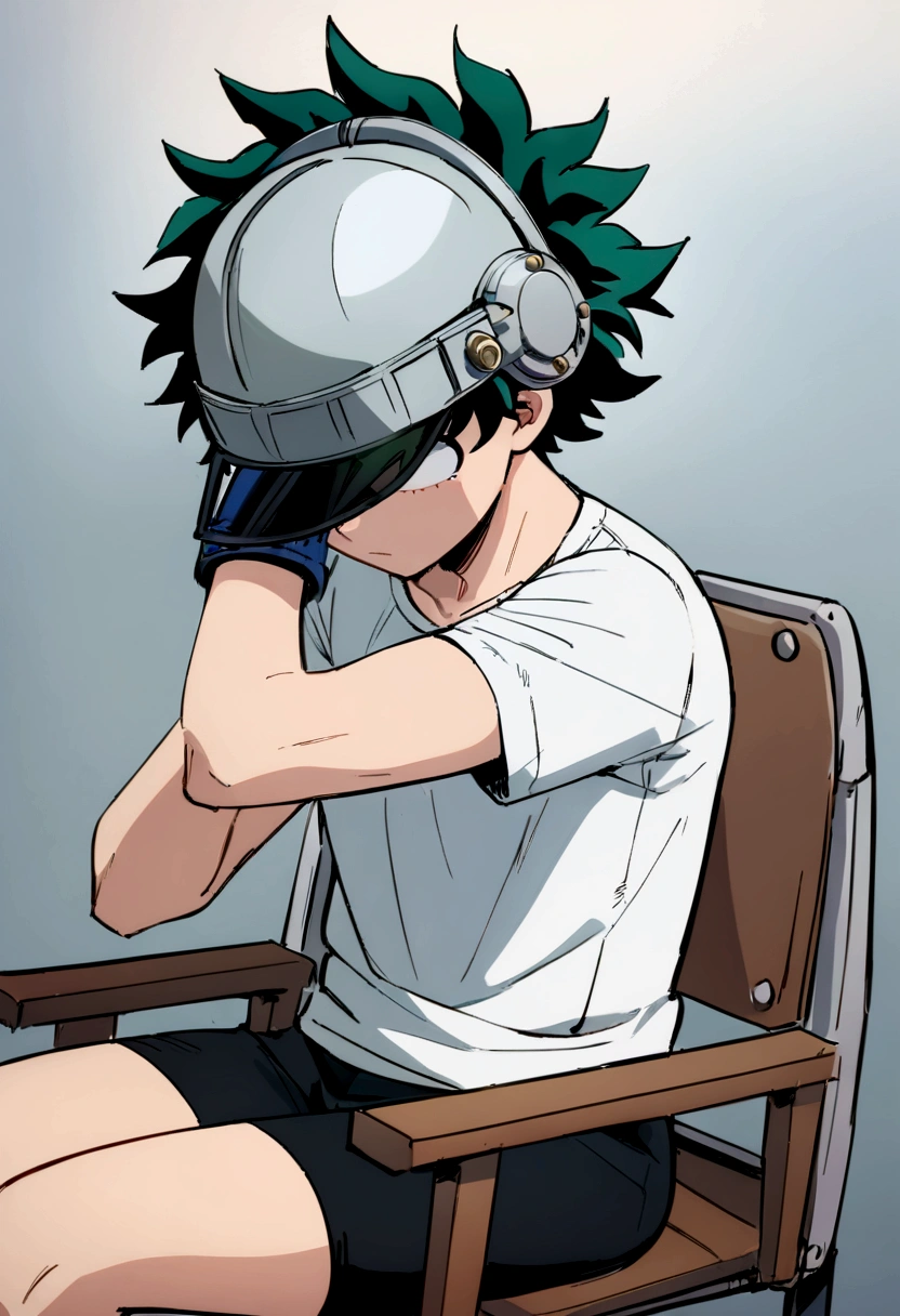 (masterpiece, best quality:1.2), solo, male focus, 1boy, midoriya izuku, short green hair, green eyes, white t-shirt, black shorts, domed helmet with visor covering eyes, mind control device, blank expression, relaxed body posture, sitting in chair, anime style, my hero academia style