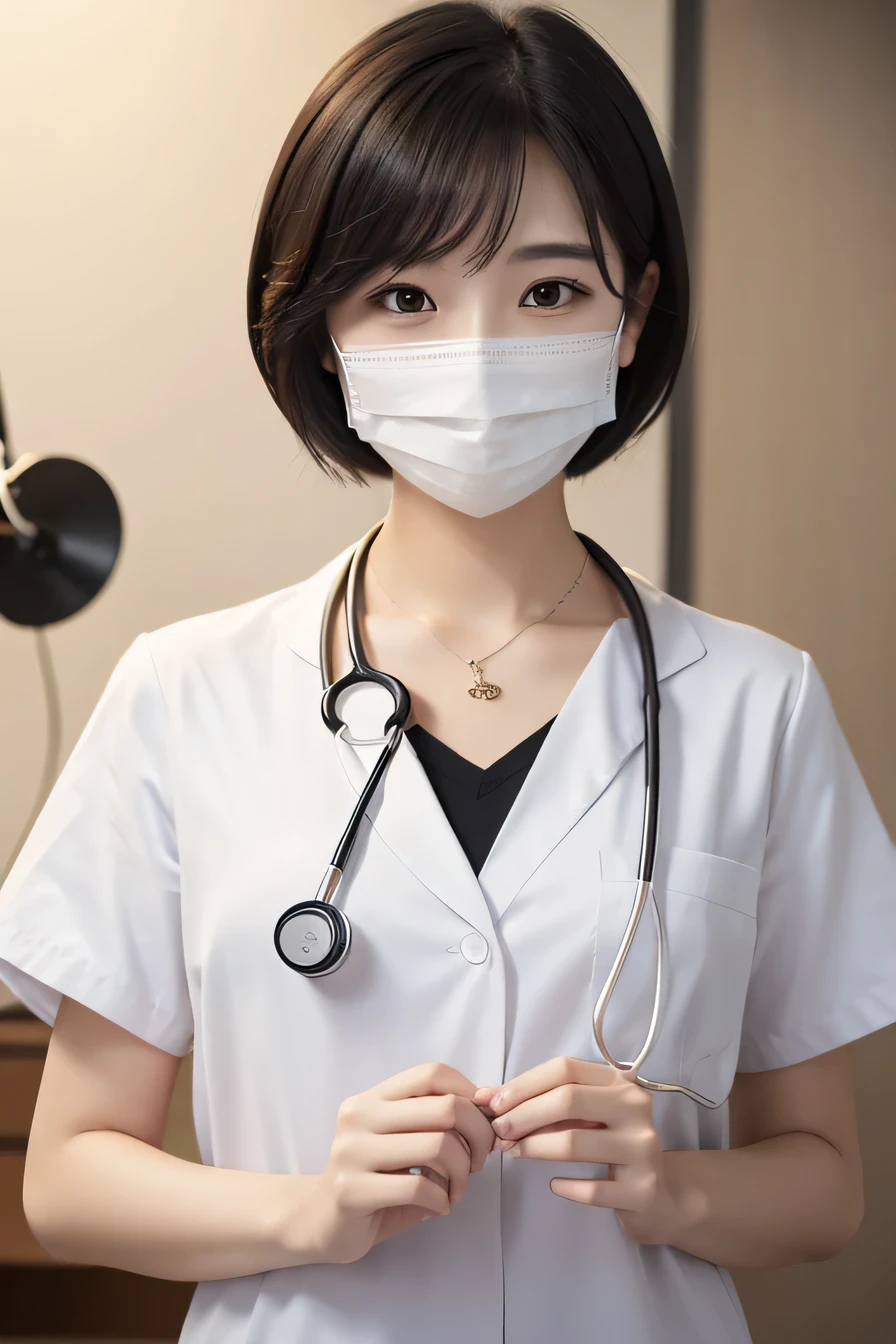 Beautiful young woman、 Korean women、Black Hair、Necklace around the neck、White、Stethoscope、Mask on mouth、short hair、Intricate details, Very detailed:1.2), 、 Looking into the camera,The background is a doctor's office.、ear piercing