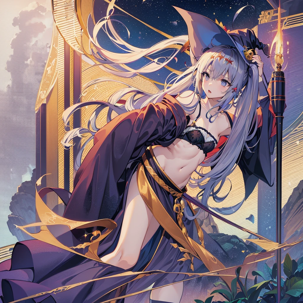 masterpiece, best quality, highres, aanana, long hair, twintails,1girl.solo,(wizard’s robe, witch’s clothes, wizard, witch, witch’s hat, crowned cap, breasts spilling out of bra,:1.3),small breasts