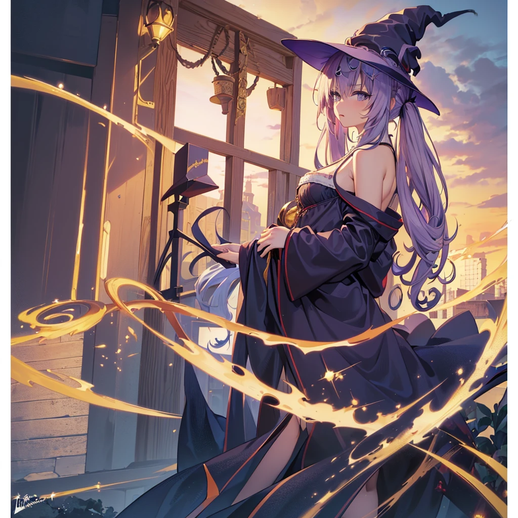 masterpiece, best quality, highres, aanana, long hair, twintails,1girl.solo,(wizard’s robe, witch’s clothes, wizard, witch, witch’s hat, crowned cap, breasts spilling out of bra,:1.3),small breasts