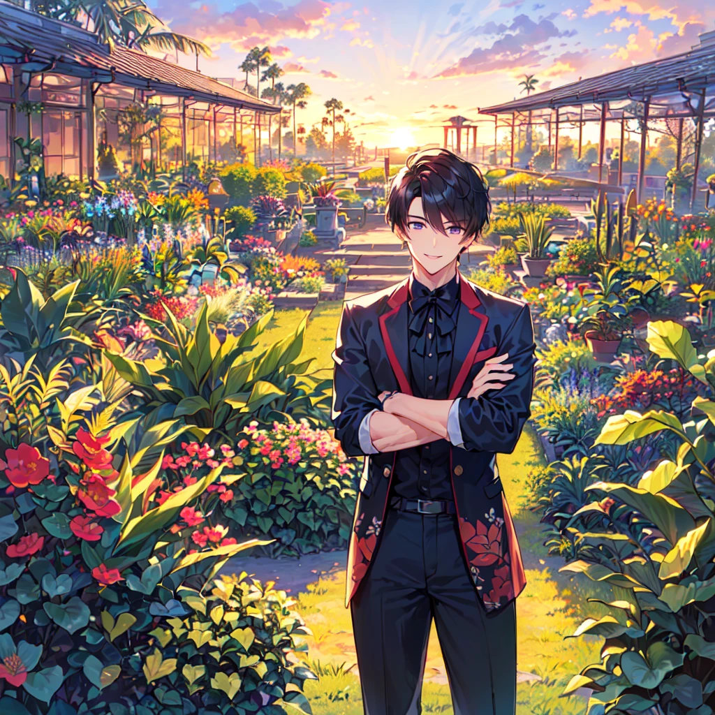 masterpiece,best quality,high quality,(1male austere handsome solo adult age 30 years old:1.5), purple eyes, cool with suspended eyes, V-shaped eyebrows, body strong and fearless 8.5 head tall, height 185cm, (well-groomed black short hair down to neck:1.4), (bangs 7 thirds parted:1.4), slender nose, facial muscles, throat, (pants in houseplant print fashion:1.3), (standing), (stylish pose), (fearless smile:1.3), (botanical garden full of houseplants in background:1.5), (sunset:1.2), (upper body:1.3)
