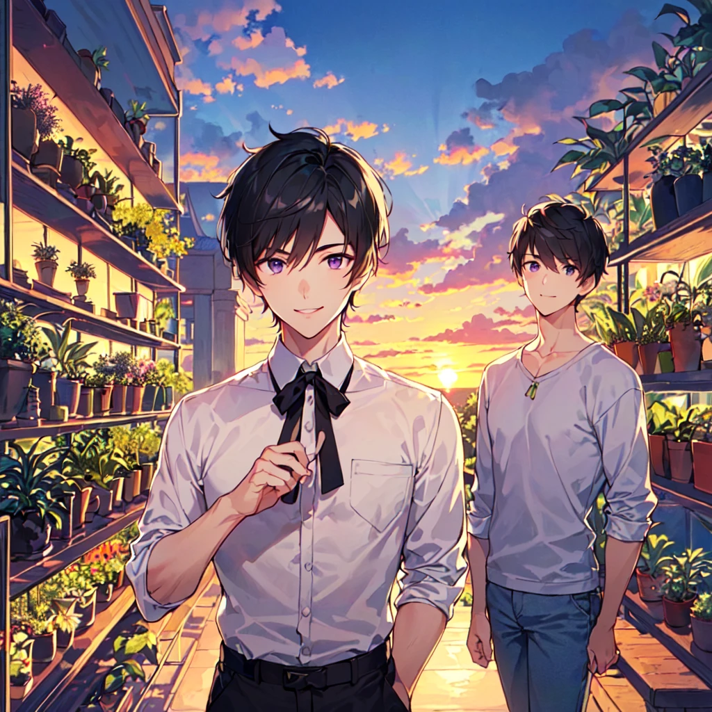masterpiece,best quality,high quality,(1male austere handsome solo adult age 30 years old:1.5), purple eyes, cool with suspended eyes, V-shaped eyebrows, body strong and fearless 8.5 head tall, height 185cm, (well-groomed black short hair down to neck:1.4), (bangs 7 thirds parted:1.4), slender nose, facial muscles, throat, (pants in houseplant print fashion:1.3), (standing), (stylish pose), (fearless smile:1.3), (botanical garden full of houseplants in background:1.5), (sunset:1.2), (upper body:1.3)