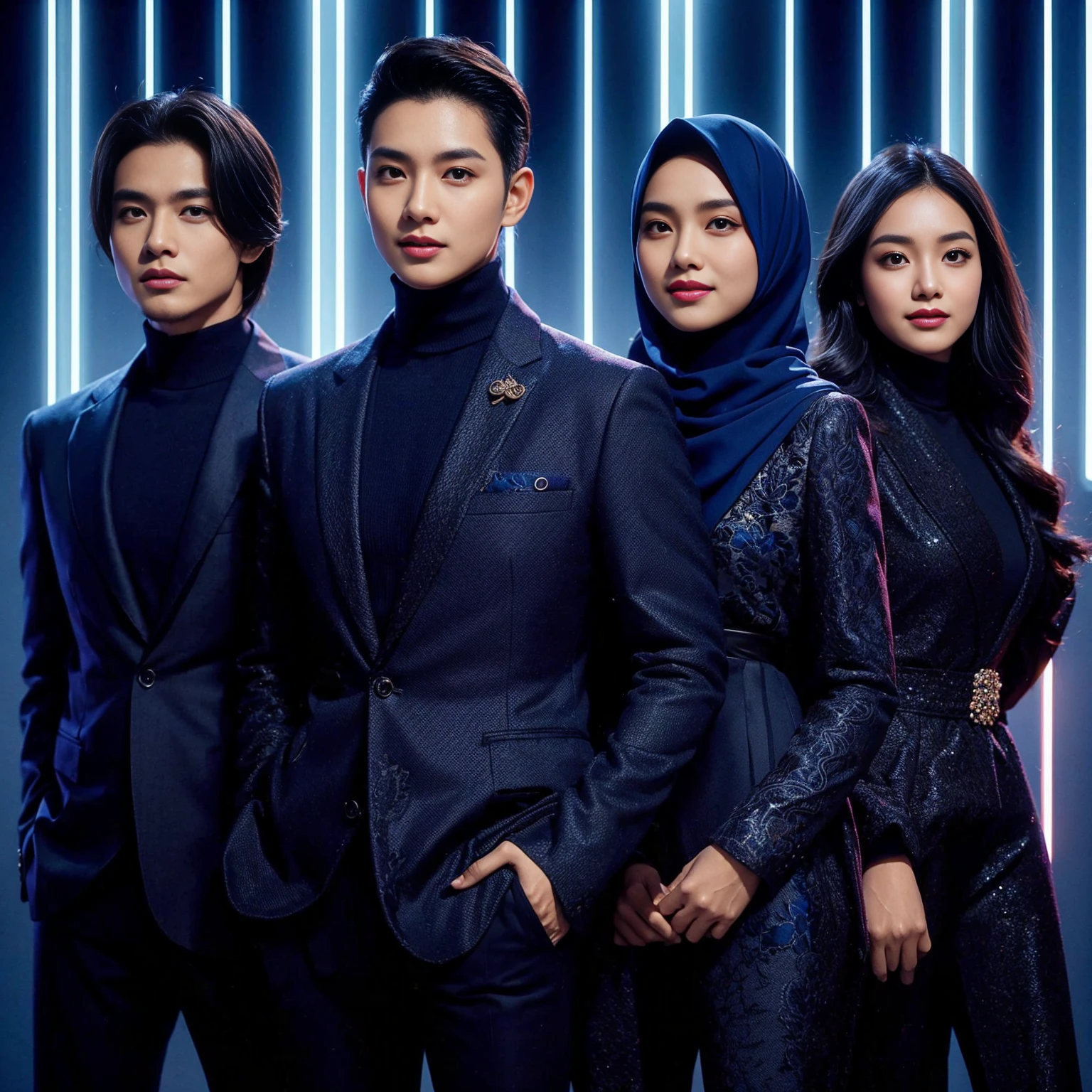 indonesian group cover, photo editor, creative design, must consisting of 4 people; one man with long hair, one man with short hair, one woman with a hijab, one woman with long hair, they wore dark blue matching glamour outfit, standing posing confidently facing the camera, they are smile, look like a movie scene, stunning abstract neon light photo editor's room background, Taken using Sony alpha α7CR full-frame, 1536px, photorealistic, high quality, high definition photo.