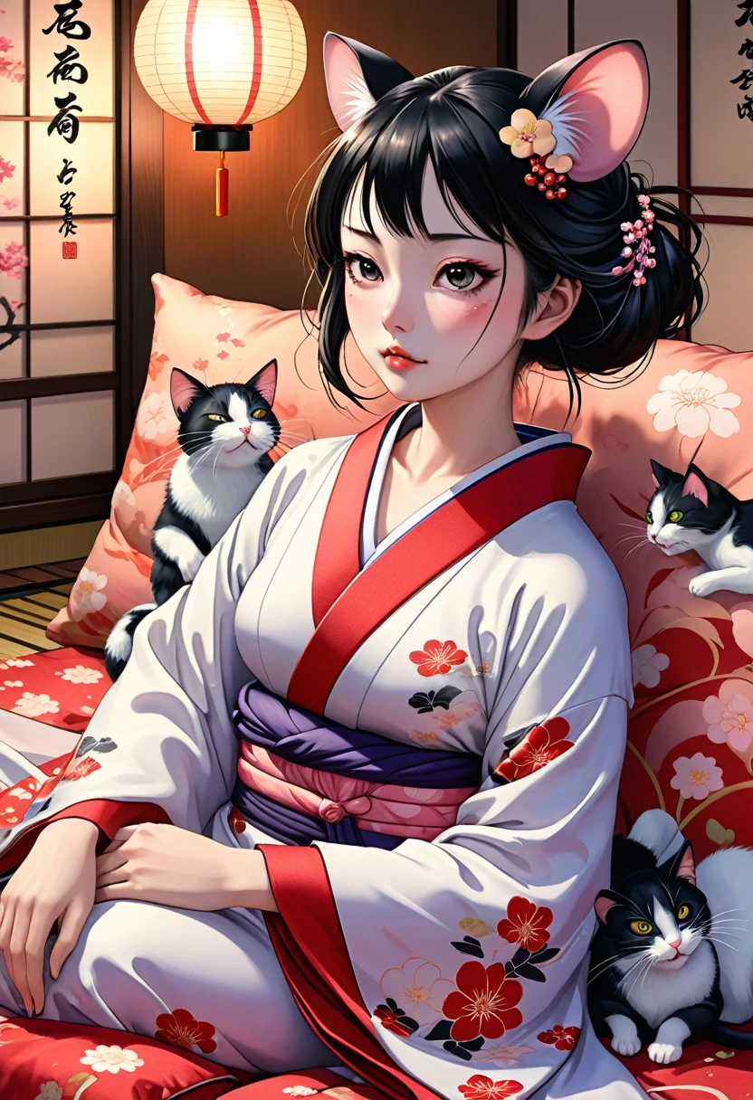 (utamaro style) , Hallucination, daydream , nightmare , Insane Dream , bokeh , erotica , romance , realistic mouse girl and realistic cat man , kimono , futon