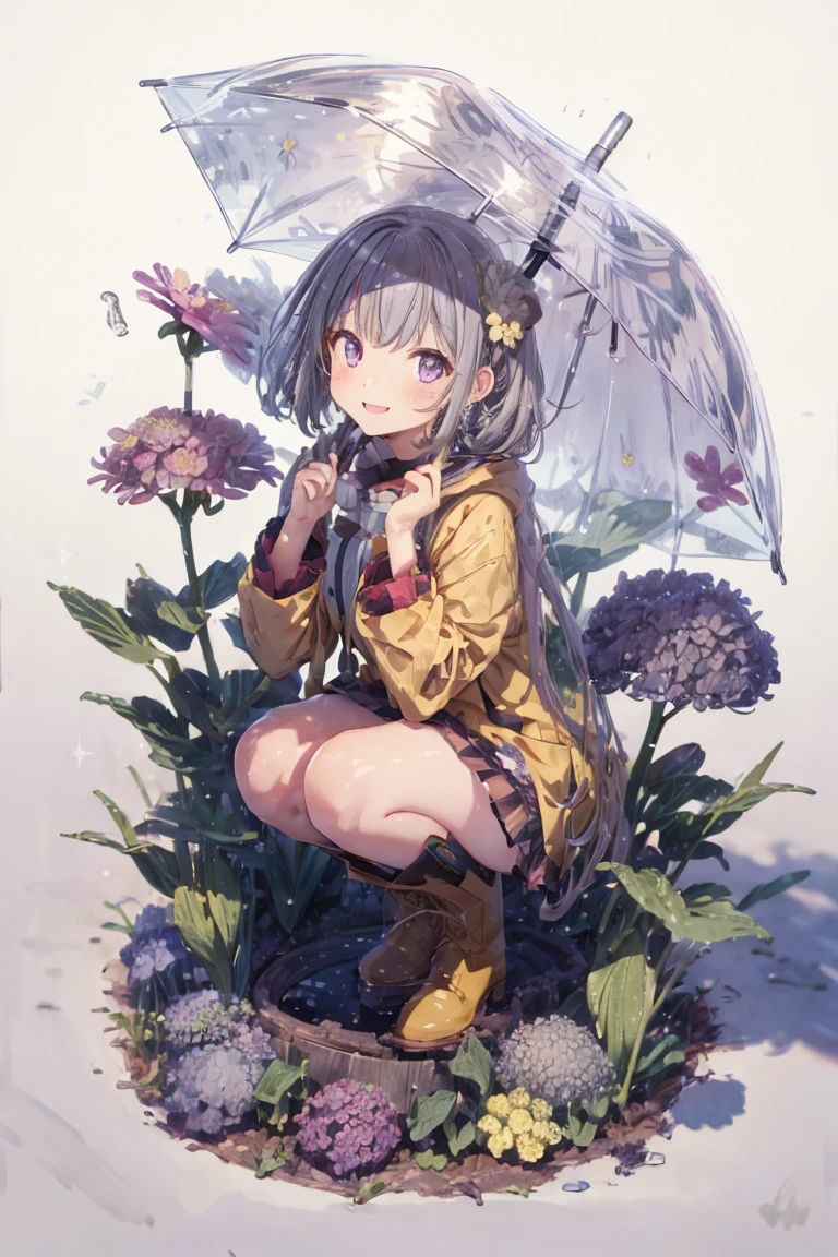 One Girl,rainbow,raincoat,yellow raincoat,rubber Knee-high boots,Hydrangea,flower,Long Hair,Twin tails,Knee-high boots,blush,umbrella,Open your mouth,hair ornaments,white background,Food,alone,Terboz,very Long Hair,Food up,Long sleeve,Low Ponytail,bow,bangs,smile,animal Food,closeD umbrella,puddle,Cowboy Shot、Squat,:D,snails,Yellow footwear, background,pink flower,Are standing,leaf umbrella,Holding umbrella,fooD-themeD hair ornaments,hair bow,animal ears,Holding,Blonde,hair flower,rain,animal,Gray Hair、Light purple eyes、Bob Hair、Laughter、Purple Raincoat、