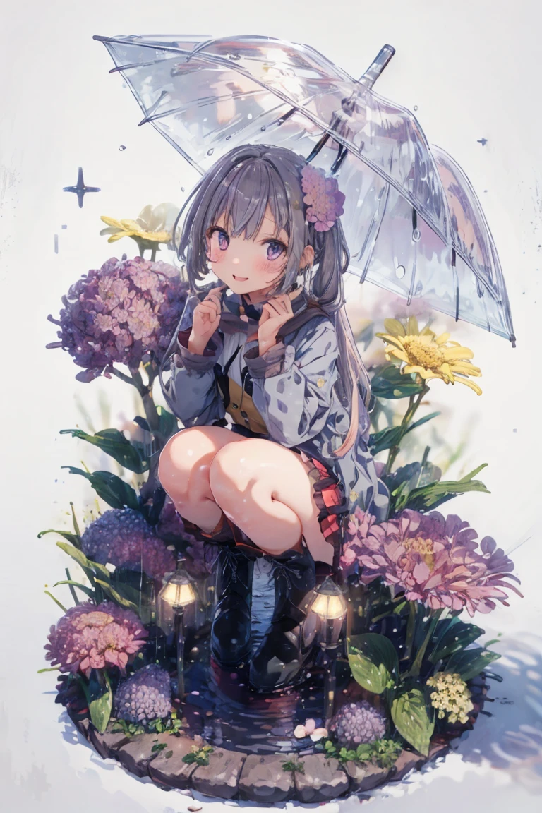 One Girl,rainbow,raincoat,yellow raincoat,rubber Knee-high boots,Hydrangea,flower,Long Hair,Twin tails,Knee-high boots,blush,umbrella,Open your mouth,hair ornaments,white background,Food,alone,Terboz,very Long Hair,Food up,Long sleeve,Low Ponytail,bow,bangs,smile,animal Food,closeD umbrella,puddle,Cowboy Shot、Squat,:D,snails,Yellow footwear, background,pink flower,Are standing,leaf umbrella,Holding umbrella,fooD-themeD hair ornaments,hair bow,animal ears,Holding,Blonde,hair flower,rain,animal,Gray Hair、Light purple eyes、Bob Hair、Laughter、Purple Raincoat、