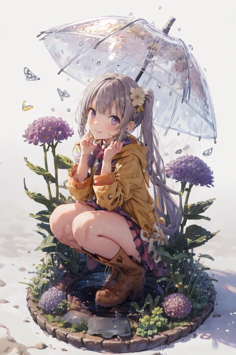 One Girl,rainbow,raincoat,yellow raincoat,rubber Knee-high boots,Hydrangea,flower,Long Hair,Twin tails,Knee-high boots,blush,umbrella,Open your mouth,hair ornaments,white background,Food,alone,Terboz,very Long Hair,Food up,Long sleeve,Low Ponytail,bow,bangs,smile,animal Food,closeD umbrella,puddle,Cowboy Shot、Squat,:D,snails,Yellow footwear, background,pink flower,Are standing,leaf umbrella,Holding umbrella,fooD-themeD hair ornaments,hair bow,animal ears,Holding,Blonde,hair flower,rain,animal,Gray Hair、Light purple eyes、Bob Hair、Laughter、Purple Raincoat、