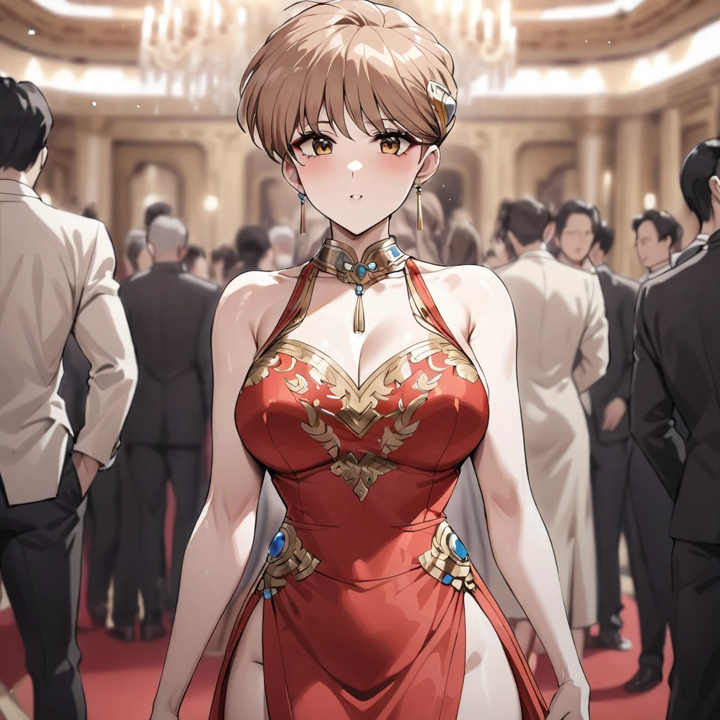 ((Highest quality)), ((masterpiece)), (detailed), （Perfect Face）、The woman is Princess Leona, wearing a gorgeous red Chinese dress with gold embroidery and long light brown hair.、The woman is the center of attention at a ballroom party attended by many people in a luxurious palace.