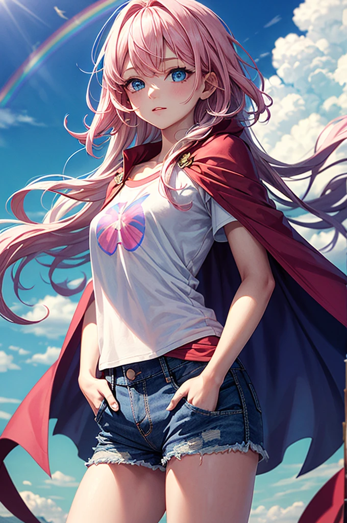 ((best quality)), ((masterpiece)), (detailed), 1girl, Pink hair, blue eyes, white t shirt with rainbow on it, blue Jean shorts, pink cape, standing on cloud, young. Ethereal beauty. 