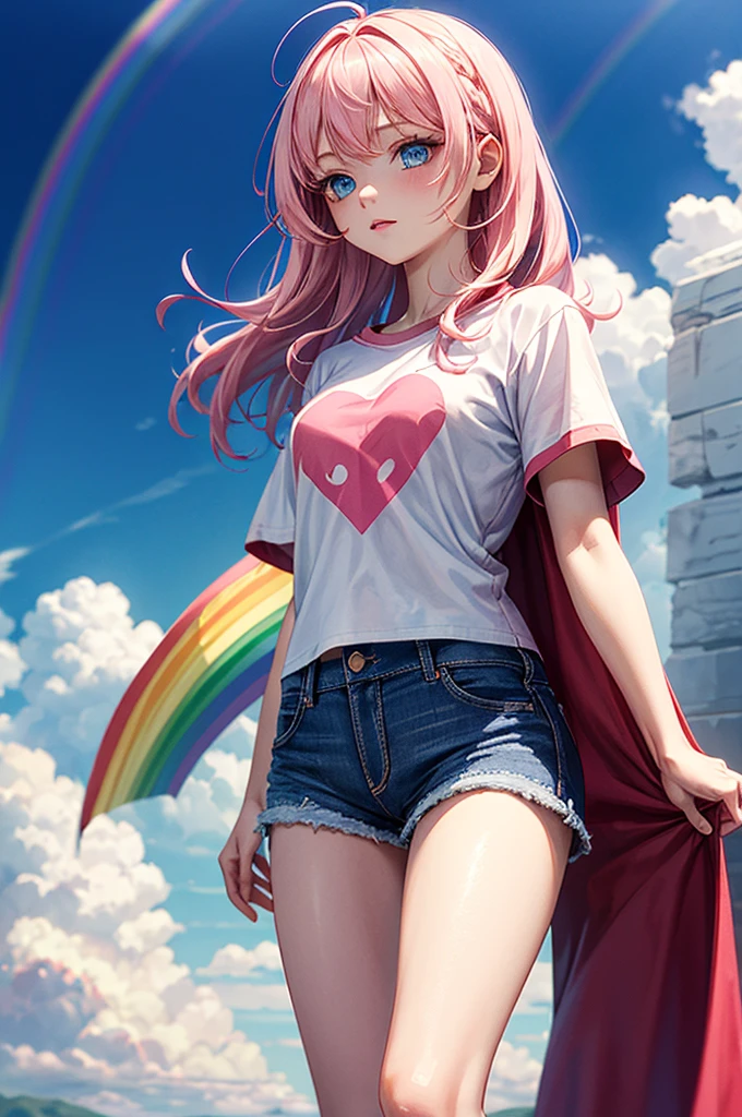 ((best quality)), ((masterpiece)), (detailed), 1girl, Pink hair, blue eyes, white t shirt with rainbow on it, blue Jean shorts, pink cape, standing on cloud, young. Ethereal beauty.