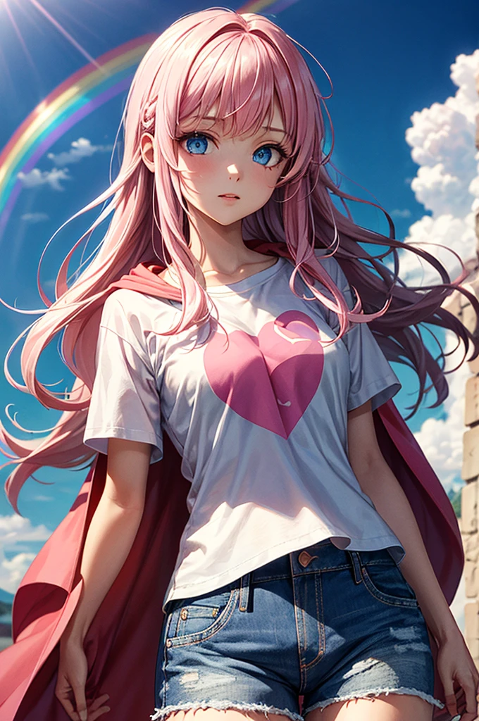 ((best quality)), ((masterpiece)), (detailed), 1girl, Pink hair, blue eyes, white t shirt with rainbow on it, blue Jean shorts, pink cape, standing on cloud, young. Ethereal beauty.