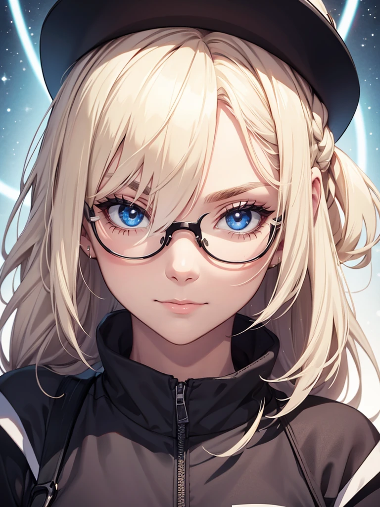 Woman, age 20, blonde hair, half hair up, wears round sunglasses, blonde eyebrows, white eyelashes, detailed eyes, glowing eyes, galaxy eyes, prismatic eyes, wearing black shirt, high quality, 4k resolution, anime