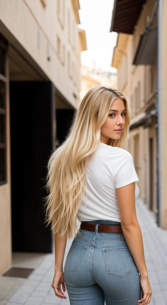 A 23 year old blonde woman, ((big breasts)), ((hyperrealism)) ,. Blonde hair with light brown roots. blonde hair, Hair with brown roots, extra long hair, very long hair, very long hair, very long hair, very long hair, very long hair, very long hair, beautiful, back view, take a photo, Photo taken, full body, in wearing a white t-shirt, and jeans with a stylish belt, showing her ass, first-rate ass, huge ass, with a low-cut top, photo at the street of port monaco, high quality, Nikon D850 film stock photograph Kodak Portra 400 camera f1.6 lens, full body, sexy body, sexy body.