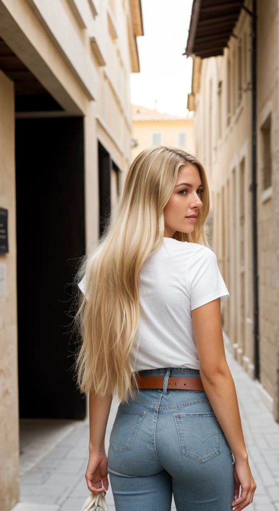 A 23 year old blonde woman, ((big breasts)), ((hyperrealism)) ,. Blonde hair with light brown roots. blonde hair, Hair with brown roots, extra long hair, very long hair, very long hair, very long hair, very long hair, very long hair, very long hair, beautiful, back view, take a photo, Photo taken, full body, in wearing a white t-shirt, and jeans with a stylish belt, showing her ass, first-rate ass, huge ass, with a low-cut top, photo at the street of port monaco, high quality, Nikon D850 film stock photograph Kodak Portra 400 camera f1.6 lens, full body, sexy body, sexy body.