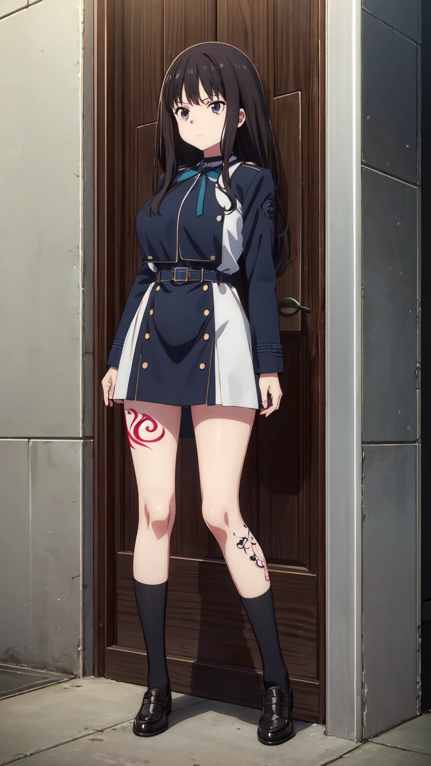 (((Pixel Perfect, Perfect in every detail))), alone, 1 personの女の子, Inoue Check, Licorice Uniform, View your viewers, Mouth closed, (((Pixel Perfect, Perfect in every detail))), alone, 女の子1 person, Chisato Nishikigi, Uniform sake, Looking at the audience, 1 personの女の子, alone, chest, Neck ribbon, Collared shirt, Uniform sake, Two-tone micro mini dress, Blue Dress, Long sleeve, Red Belt, (((1 personの女の子))),(((alone))),(((1 person))).loafers、Black socks、女の子1 person, whole body,(Looking up:1.4) alley, Contact us, Talk to your audience、Are Are standing、, 1 Girl}} Are standing,,{Show Viewer,, tattoo, High heels, saliva, tattoo、顔を強調するAre standing、Shaving, (下腹部のtattoo:1.5), (ハートのtattoo:1.5), (belly but ton: 1.1), 女の子1 person, whole body,choker、slave、 Big Breasts、chestの膨らみ,big、Expressionless、(Blacknee-length socks:1.4)