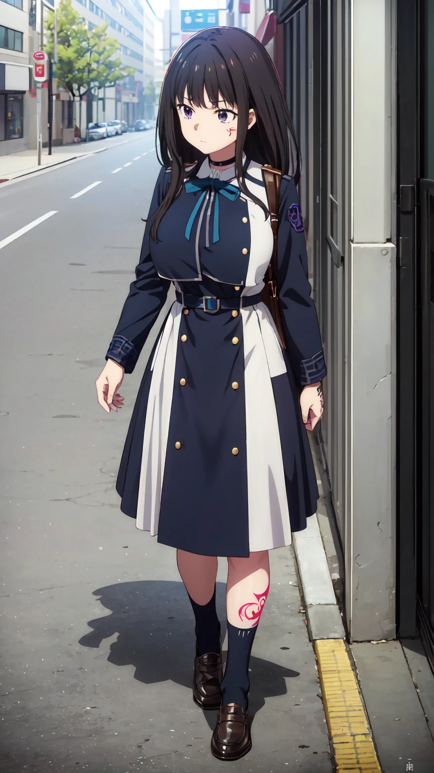 (((Pixel Perfect, Perfect in every detail))), alone, 1 personの女の子, Inoue Check, Licorice Uniform, View your viewers, Mouth closed, (((Pixel Perfect, Perfect in every detail))), alone, 女の子1 person, Chisato Nishikigi, Uniform sake, Looking at the audience, 1 personの女の子, alone, chest, Neck ribbon, Collared shirt, Uniform sake, Two-tone micro mini dress, Blue Dress, Long sleeve, Red Belt, (((1 personの女の子))),(((alone))),(((1 person))).loafers、Black socks、女の子1 person, whole body,(Looking up:1.4) alley, Contact us, Talk to your audience、Are Are standing、, 1 Girl}} Are standing,,{Show Viewer,, tattoo, High heels, saliva, tattoo、顔を強調するAre standing、Shaving, (下腹部のtattoo:1.5), (ハートのtattoo:1.5), (belly but ton: 1.1), 女の子1 person, whole body,choker、slave、 Big Breasts、chestの膨らみ,big、Expressionless、(Blacknee-length socks:1.4)