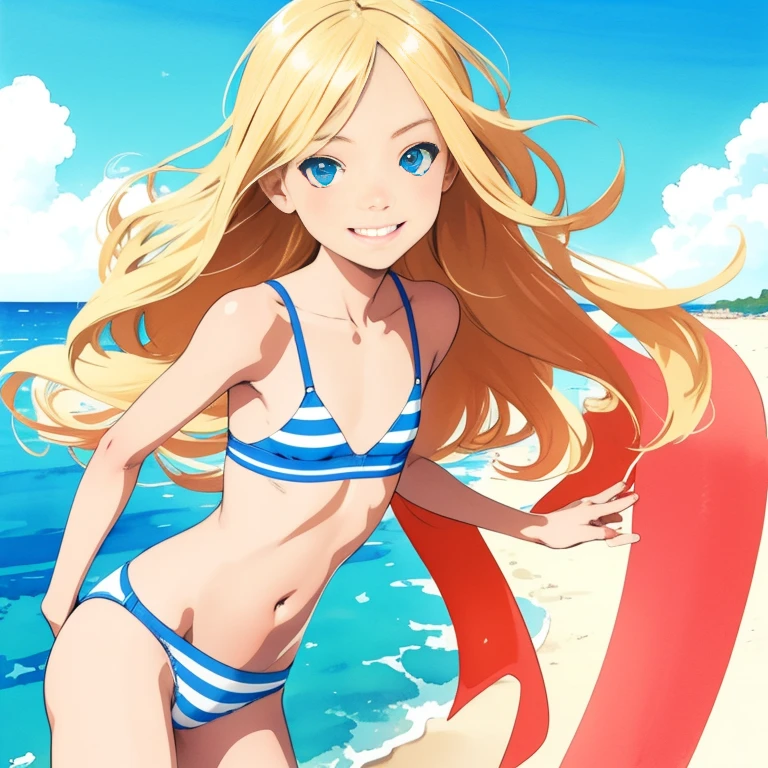 (superflat, flat shading, flat colors:1.1), (seaside), 1girl, little, , slim, flat chest, (tanned skin:0.6), blonde hair, blue eyes, (striped panties), cover breasts, smile, blue sky, bright sunlight, best shadows, watercolor,