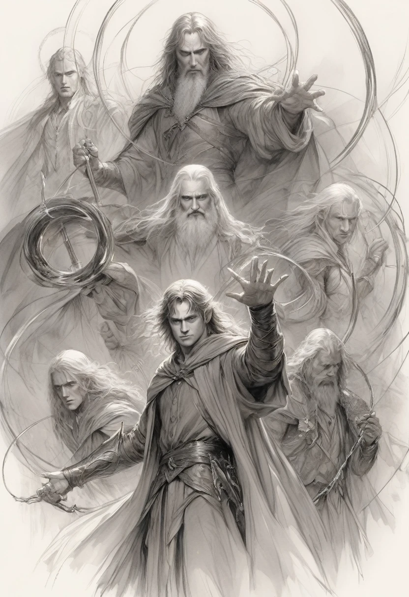 Anime line art of The Rings Of Power from The Lord Of The Rings trilogy, in dynamic pose, by Anna Razumovskaya, sketch, best quality, masterpiece, very aesthetic, perfect composition, intricate details, ultra-detailed, B&W