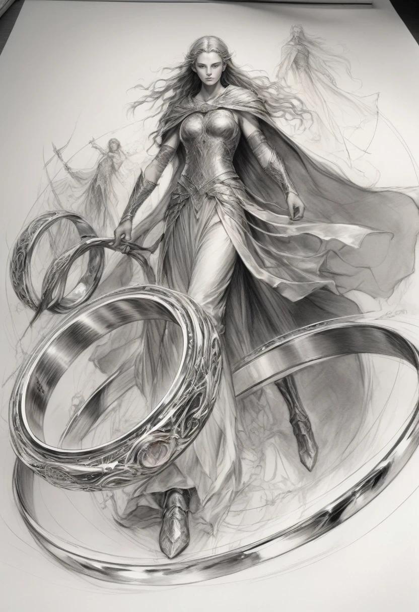 Anime line art of The Rings Of Power from The Lord Of The Rings trilogy, in dynamic pose, by Anna Razumovskaya, sketch, best quality, masterpiece, very aesthetic, perfect composition, intricate details, ultra-detailed, B&W