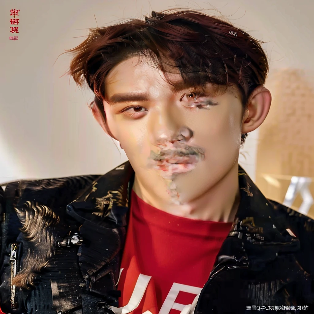 a close up of a person wearing a jacket and a red shirt, jinyoung shin, cai xukun, portrait of kpop idol, hyung tae, yanjun chengt, inspired by Bian Shoumin, mark lee, jinyoung shin aesthetic, hong june hyung, young wan angel, jung jaehyun, ten lee, wan adorable korean face, kim doyoung, closeup portrait shot