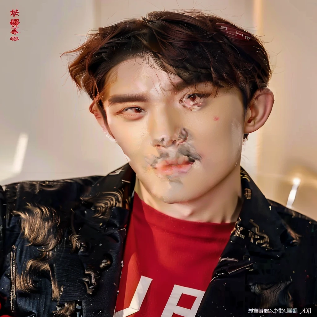 a close up of a person wearing a jacket and a red shirt, jinyoung shin, cai xukun, portrait of kpop idol, hyung tae, yanjun chengt, inspired by Bian Shoumin, mark lee, jinyoung shin aesthetic, hong june hyung, young wan angel, jung jaehyun, ten lee, wan adorable korean face, kim doyoung, closeup portrait shot