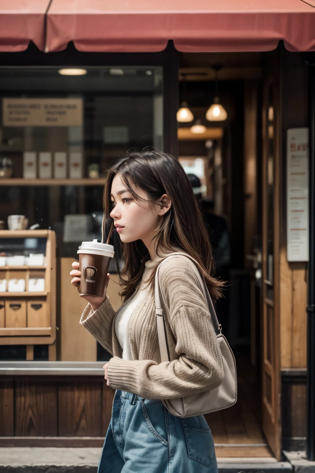 create the image of a man in a coffee shop drinking a cold coffee, seeing through the glass a young woman crossing the street in