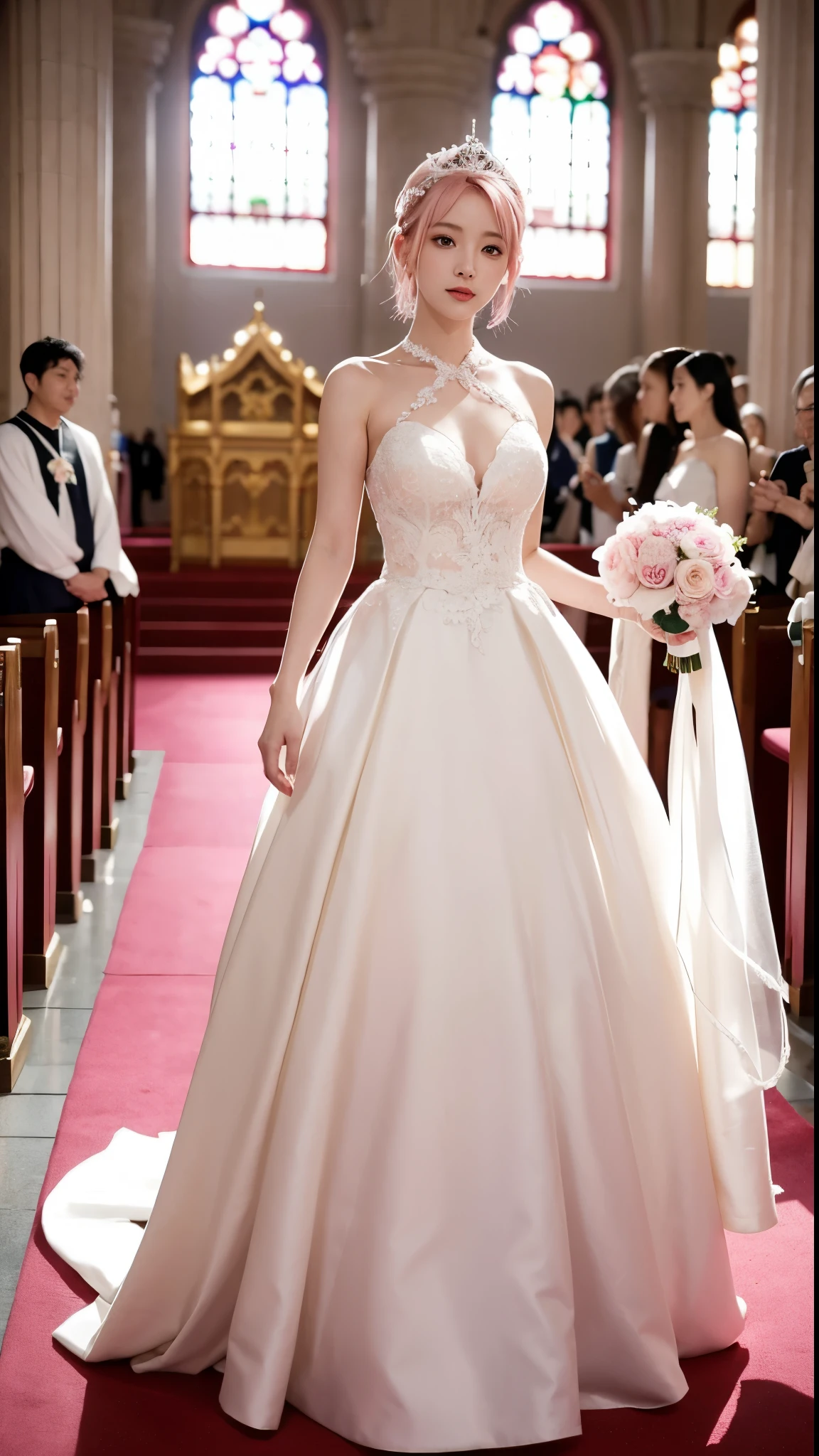 The bride, Sakura Haruno,、Gorgeous young woman standing alone in high definition、Her delicate features are accentuated by her short pink hair.。In a pristine white wedding dress、Gives the impression of a queen decked out for her coronation。Her entrance into the church was a sight of happiness.、When she walks gracefully、Flowers surround her。This full body image of Sakura、Capture the elegance and joy of the moment in high quality、It's a beautiful masterpiece that clearly shows all the details of her delicate face and whole body.。