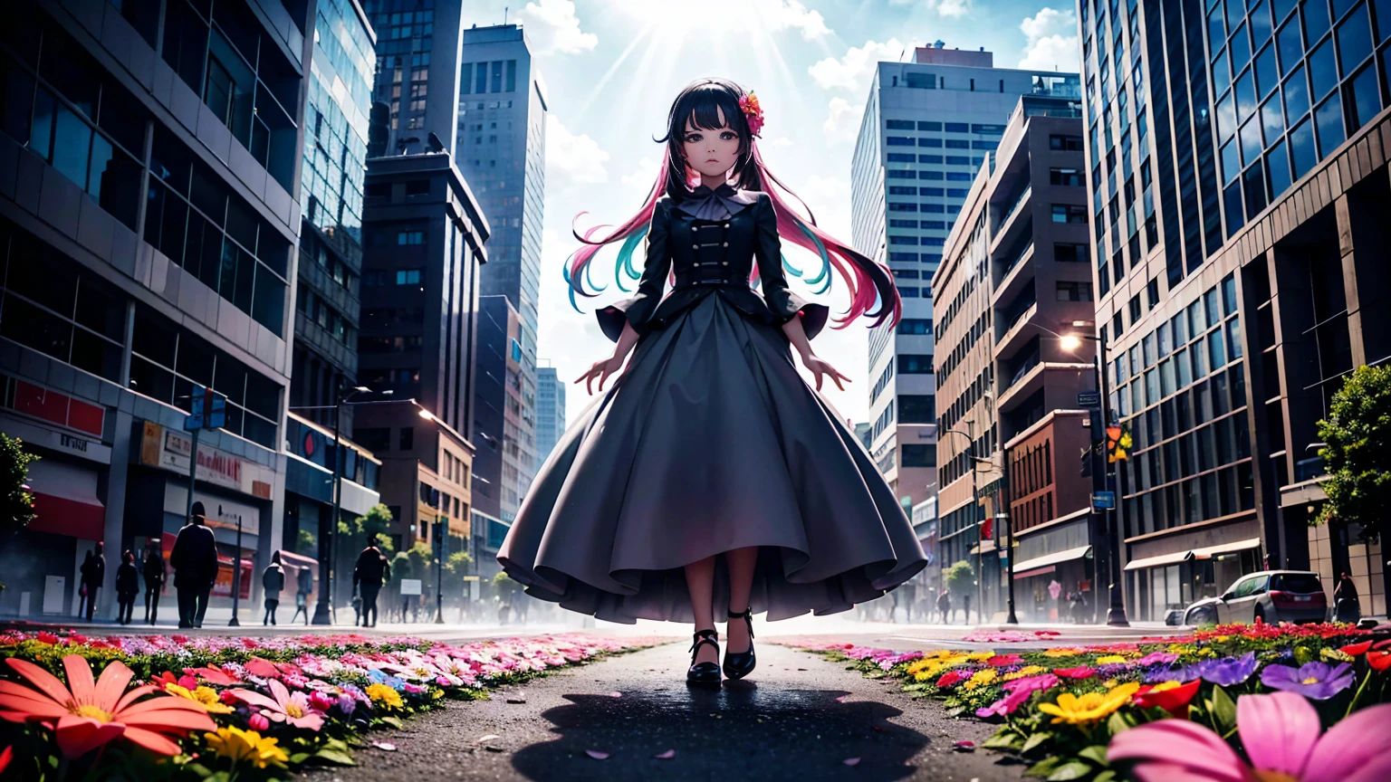 A vibrant flower blooms on the dirty ground of a large gray avenue. A crowd of gray, soulless people crosses the streets. A colorful , glowing with bright hues, stands protectively over the flower, protecting it with her little hands and determined eyes. Sunlight breaks through the dark clouds.