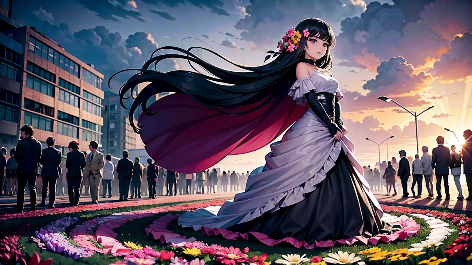 A vibrant flower blooms on the dirty ground of a large gray avenue. A crowd of gray, soulless people crosses the streets. A colorful , glowing with bright hues, stands protectively over the flower, protecting it with her little hands and determined eyes. Sunlight breaks through the dark clouds.