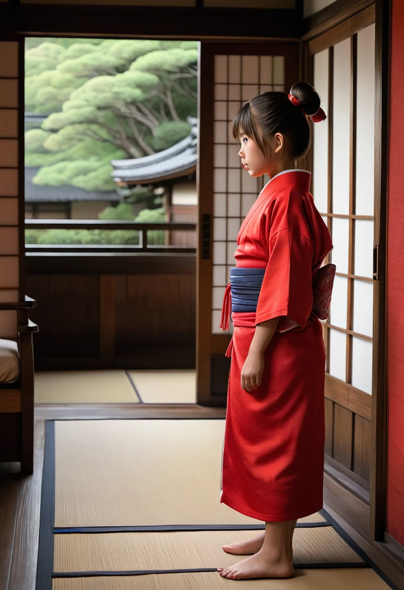 7 year old girl, Asian, wearing a small kimono, in a bedroom