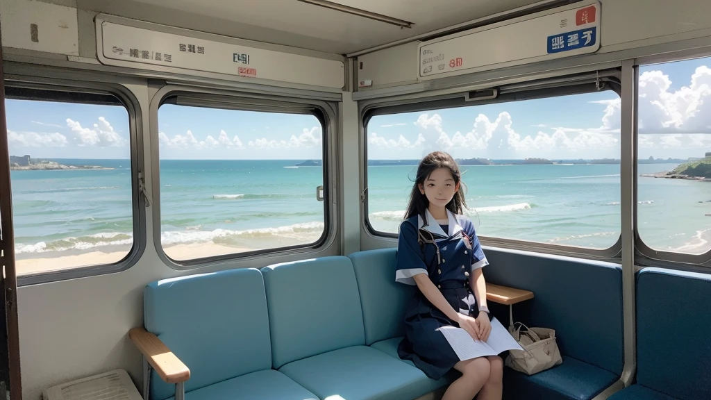 summer、Ocean View、You can see the ocean outside from the train,、16 year old school girl in uniform