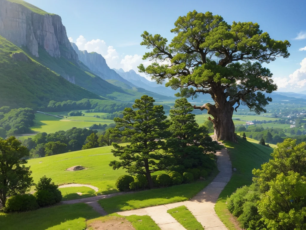anime style, medieval anime, a giant tree on top of a small relief, about 200 meters high, no other trees in the image, scene seen in the distance, leaves flying in the wind