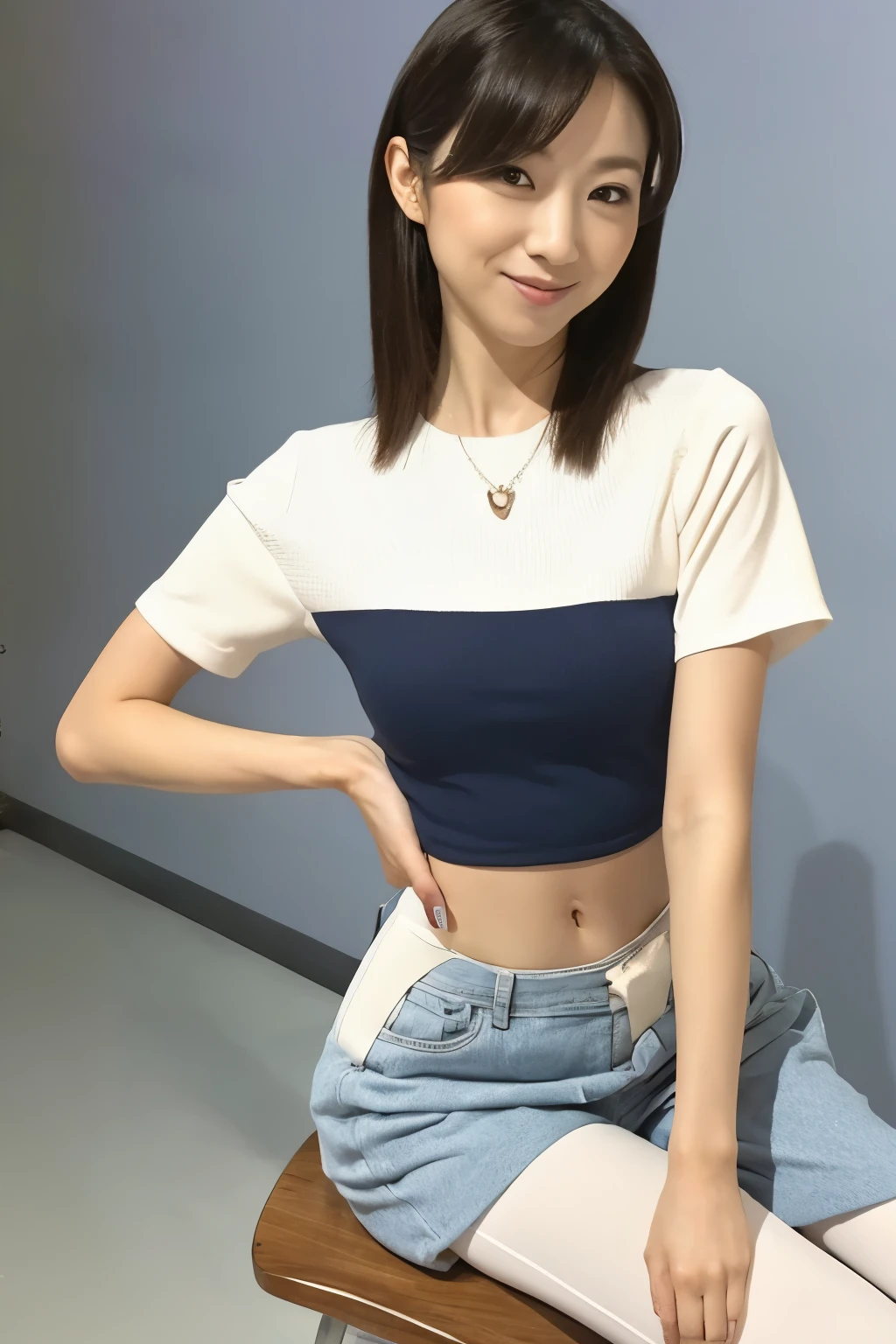 Skinny Japanese woman, age {30s|20s}, (detailed face), (detailed eyes), {long|short} straight hair, slender shape, ((emphasis thin waist: 1.5)), High-waisted cotton leggings, {sitting|straddling} on a stool, spreading legs {slightly|widely}, Enhance quality, quality maintains, real professional photograph, award-winning portrait, masterpiece, 16K UHD, high detail full-body view