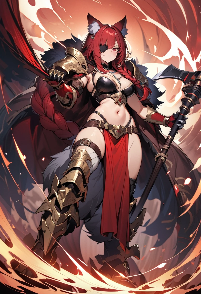 (masterpiece:1.2), (highest quality:1.2), axe, holding-axe, holding, solo, weapon, simple-background, braid, red-hair, holding-weapon, armor, full-body, long-hair standing, claws, animal-ears, jewelry, red-eyes, shoulder-armor, loincloth, tail, bandages, necklace, tooth-necklace, fur, scar, eyepatch, pauldrons, thigh-strap, pelvic-curtain brown-fur, 1girl, single-braid, mask
